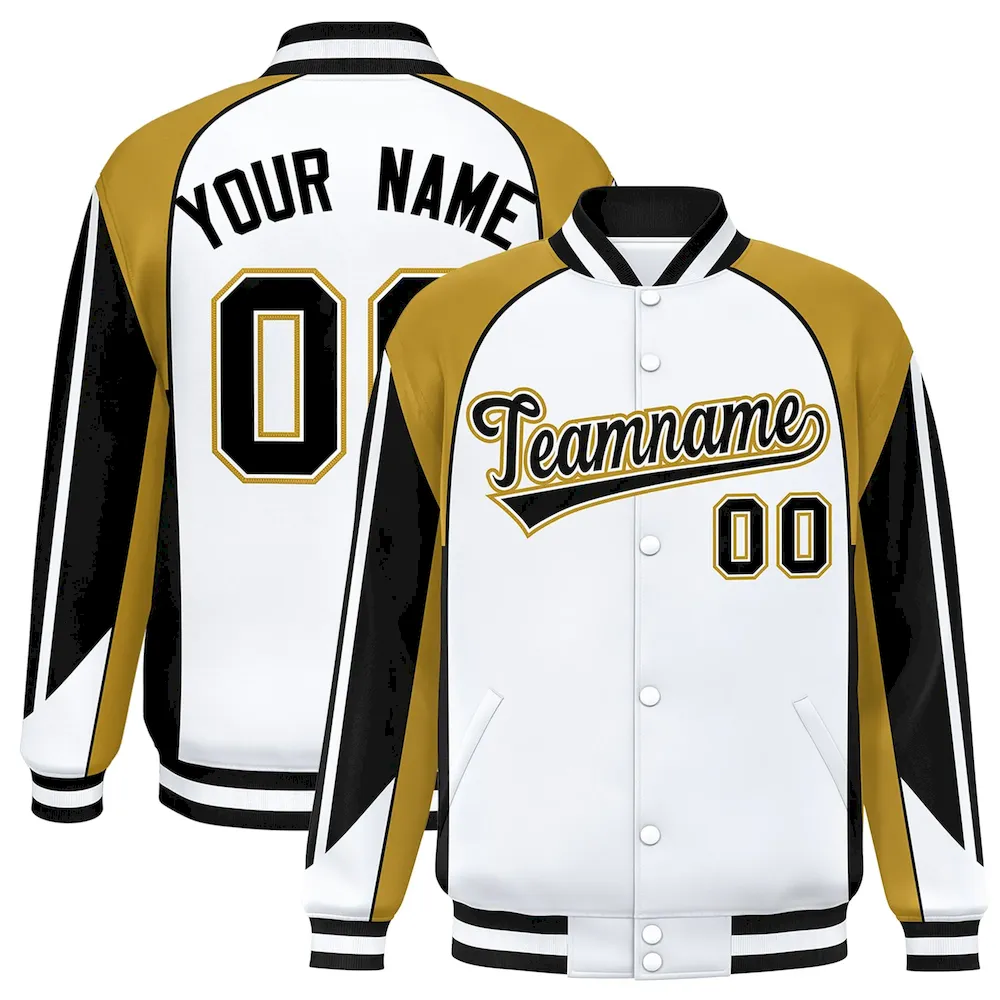 Custom White Old Gold Varsity Full-Snap Personalized Raglan Sleeves Color Block Letterman Jacket