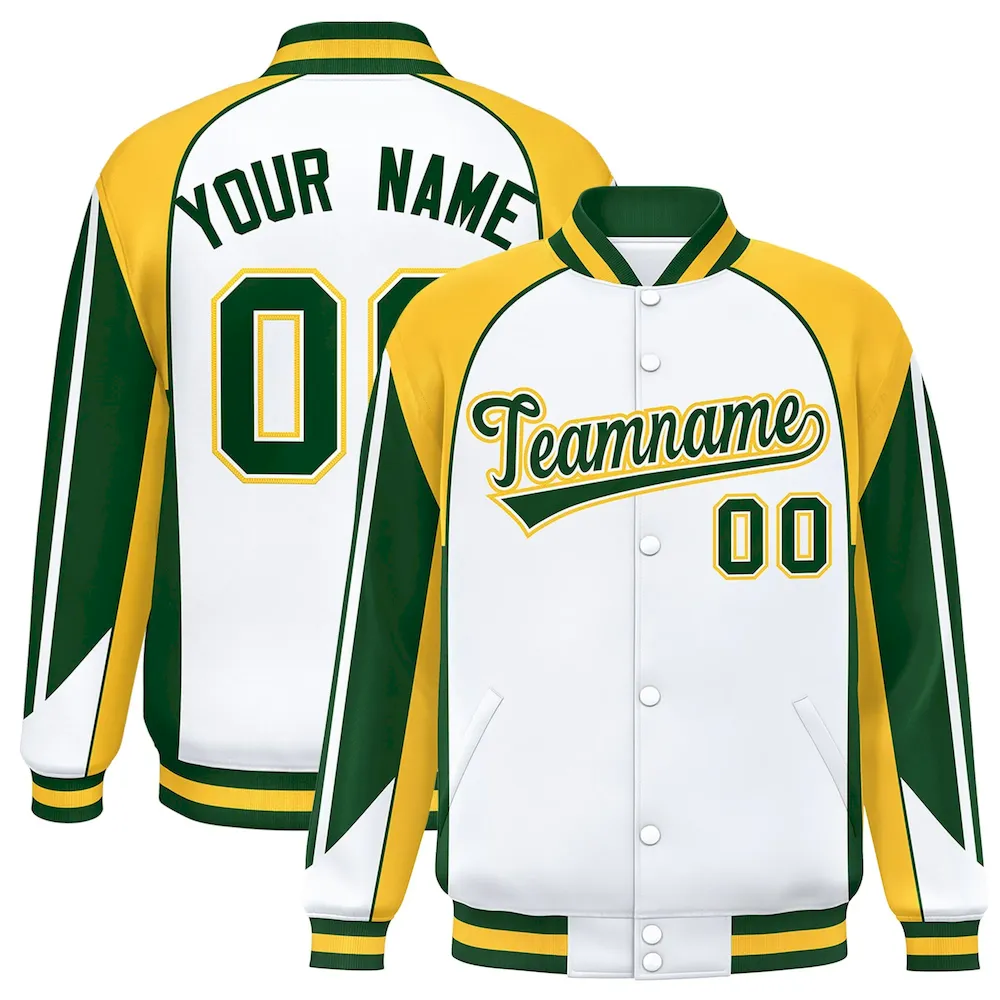 Custom Gold White Varsity Full-Snap Personalized Raglan Sleeves Color Block Letterman Jacket