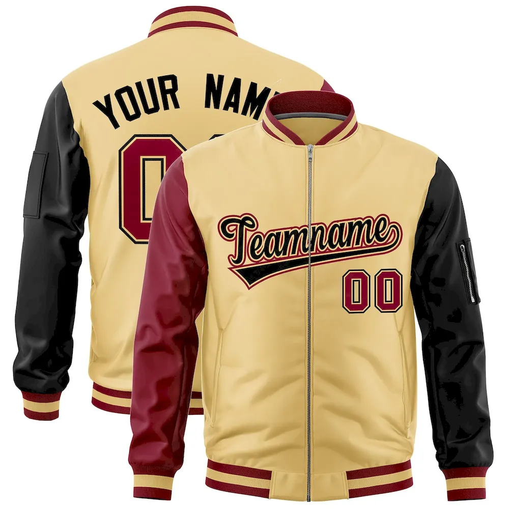 Custom White Old Gold Black Varsity Full-Zip Raglan Sleeves Letterman Bomber Jacket