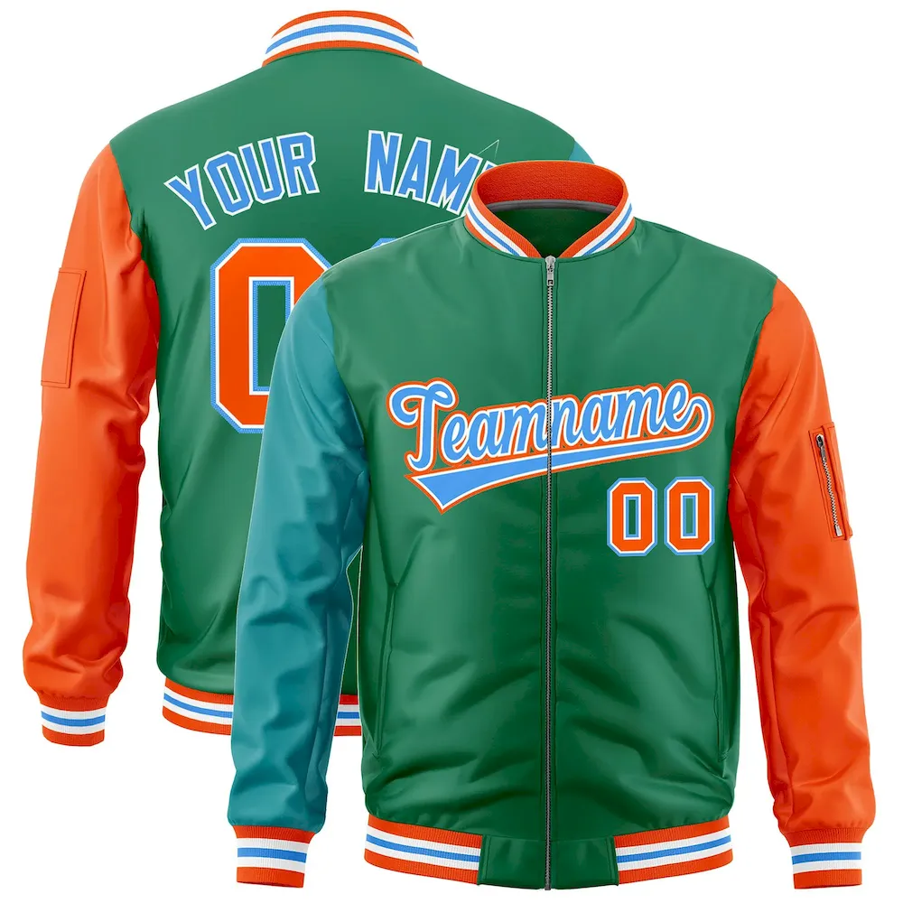 Custom Bright Green White Orange Varsity Full-Zip Raglan Sleeves Letterman Bomber Jacket