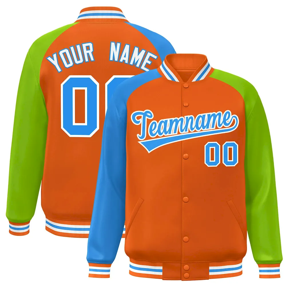 Custom Black Royal-Orange Varsity Full-Snap Authentic Raglan Sleeves Letterman Bomber Jacket