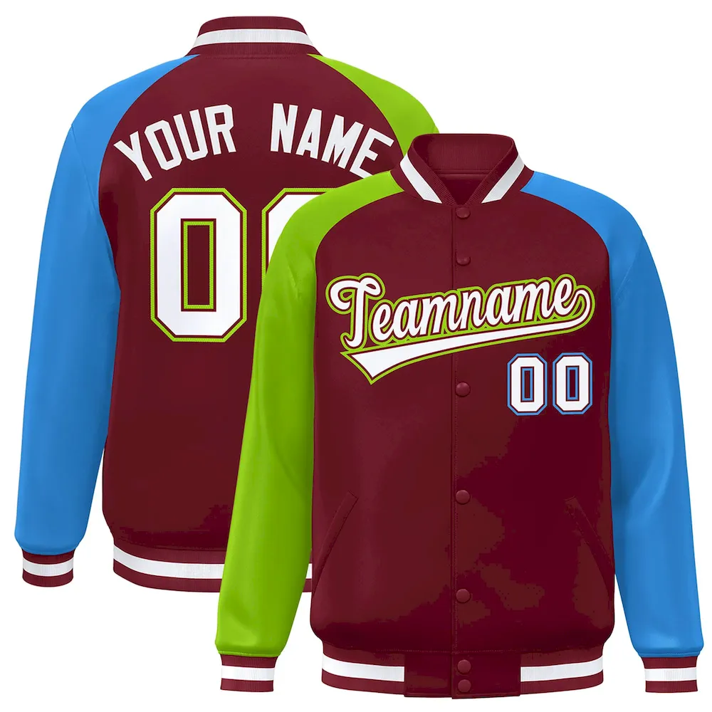 Custom Crimson Powder Blue-Neon Green Varsity Full-Snap Authentic Raglan Sleeves Letterman Bomber Jacket