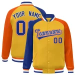 Custom Gold Orange-Royal Varsity Full-Snap Authentic Raglan Sleeves Letterman Bomber Jacket