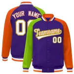 Custom Purple Orange-Neon Green Varsity Full-Snap Authentic Raglan Sleeves Letterman Bomber Jacket