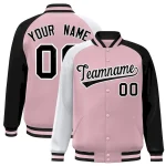 Custom Light Pink Crimson-Black Varsity Full-Snap Authentic Raglan Sleeves Letterman Bomber Jacket