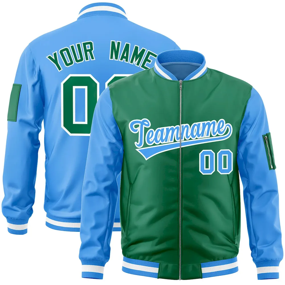 Custom Kelly Green Powder Blue Varsity Full-Zip Two-Tone Letterman Bomber Jacket