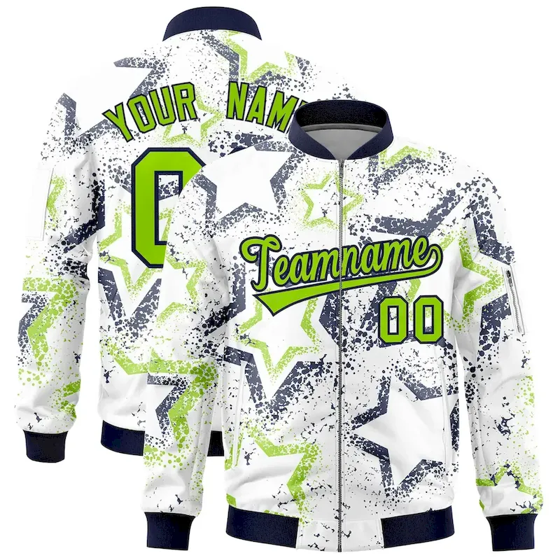 Custom White Varsity Full-Zip Star Pattern Letterman Bomber Jacket