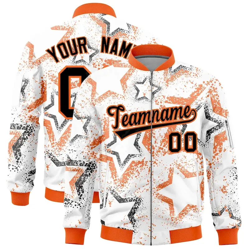 Custom White Varsity Full-Zip Star Pattern Letterman Bomber Jacket