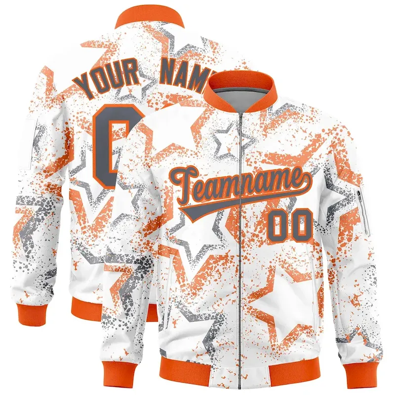 Custom White Varsity Full-Zip Star Pattern Letterman Bomber Jacket