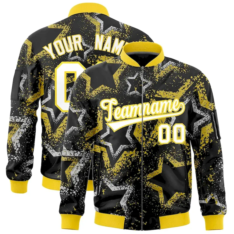 Custom Black Varsity Full-Zip Star Pattern Letterman Bomber Jacket