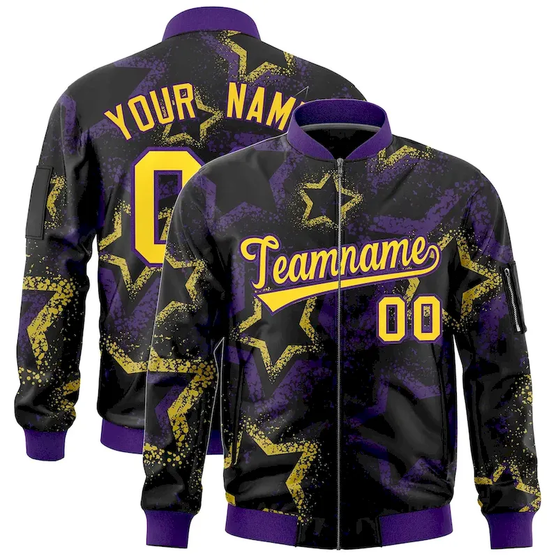 Custom Black Varsity Full-Zip Star Pattern Letterman Bomber Jacket