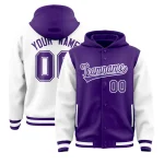 Custom Purple White Raglan Sleeves Varsity Full-Snap Letterman Two Tone Jacket Hoodie