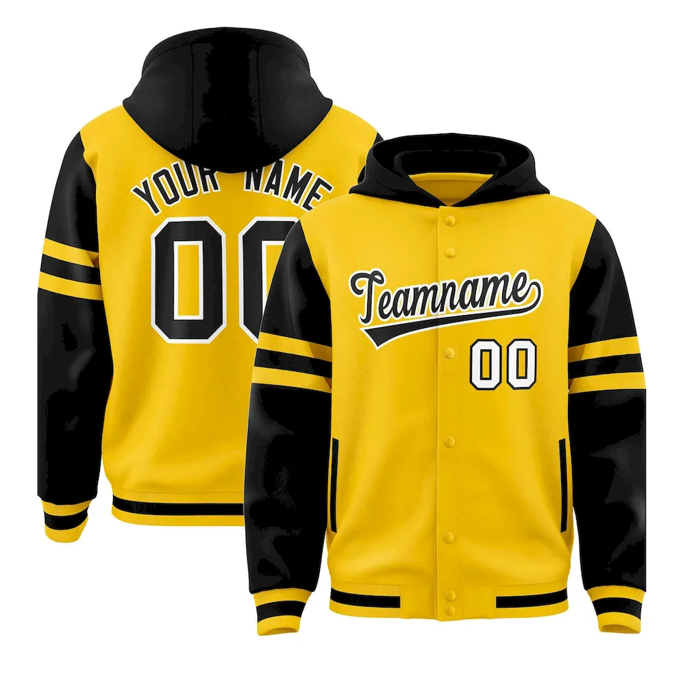 Custom Gold Black Raglan Sleeves Varsity Full-Snap Letterman Three Stripes Jacket Hoodie