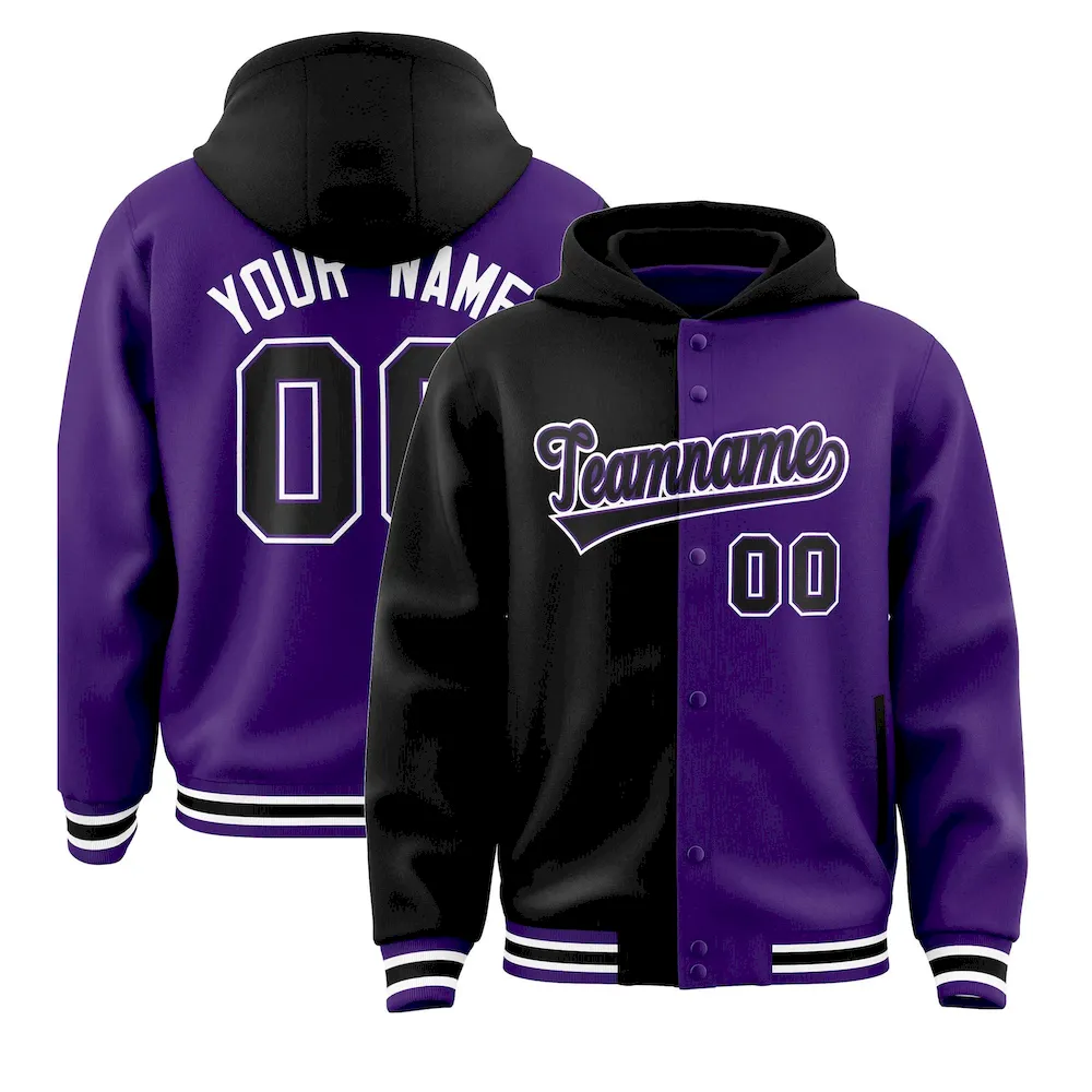 Custom Black Purple Split Fashion Varsity Full-Snap Letterman Two Tone Jacket Hoodie