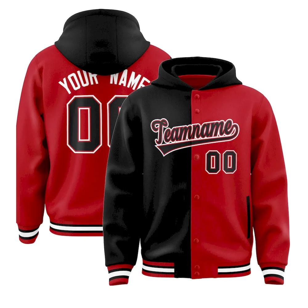 Custom Black Red Split Fashion Varsity Full-Snap Letterman Two Tone Jacket Hoodie