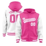 Custom Pink White Raglan Sleeves Varsity Full-Snap Letterman Two Tone Jacket Hoodie