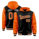 Custom Black Orange Raglan Sleeves Varsity Full-Snap Letterman Two Tone Jacket Hoodie