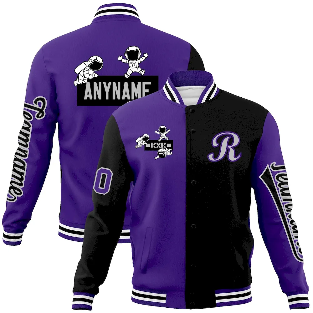 Custom Purple Black Two Tone Split Fashion Varsity Letterman Jacket with Raglan Sleeves