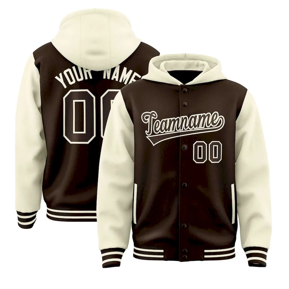 Custom Brown Cream Raglan Sleeves Varsity Full-Snap Letterman Two Tone Jacket Hoodie