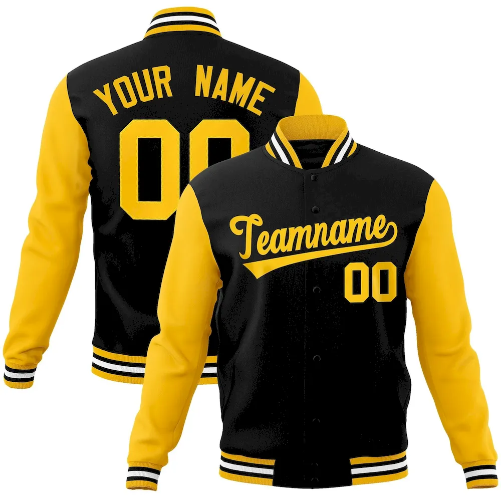 Custom Black Gold Raglan Sleeves Varsity Full-Snap Letterman Jacket