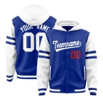Custom Royal White Raglan Sleeves Varsity Full-Snap Letterman Three Stripes Jacket Hoodie