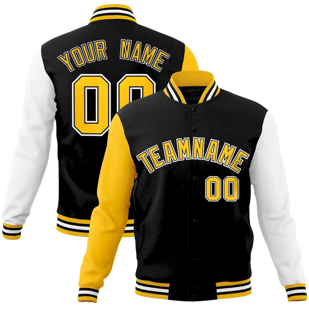 Custom Black Gold-Black Raglan Sleeves Varsity Full-Snap Letterman Jacket