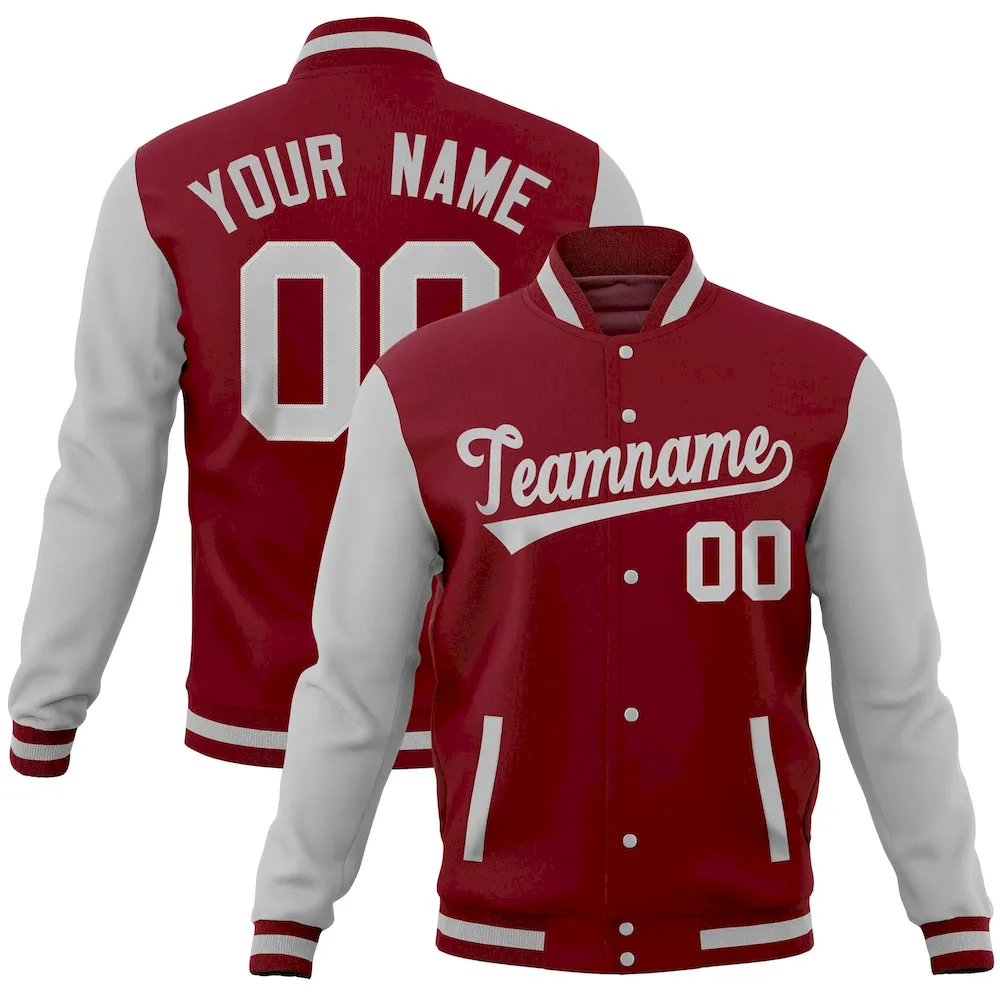 Custom Crimson Gray Full-Snap Varsity Raglan Sleeves Letterman Baseball Jacket