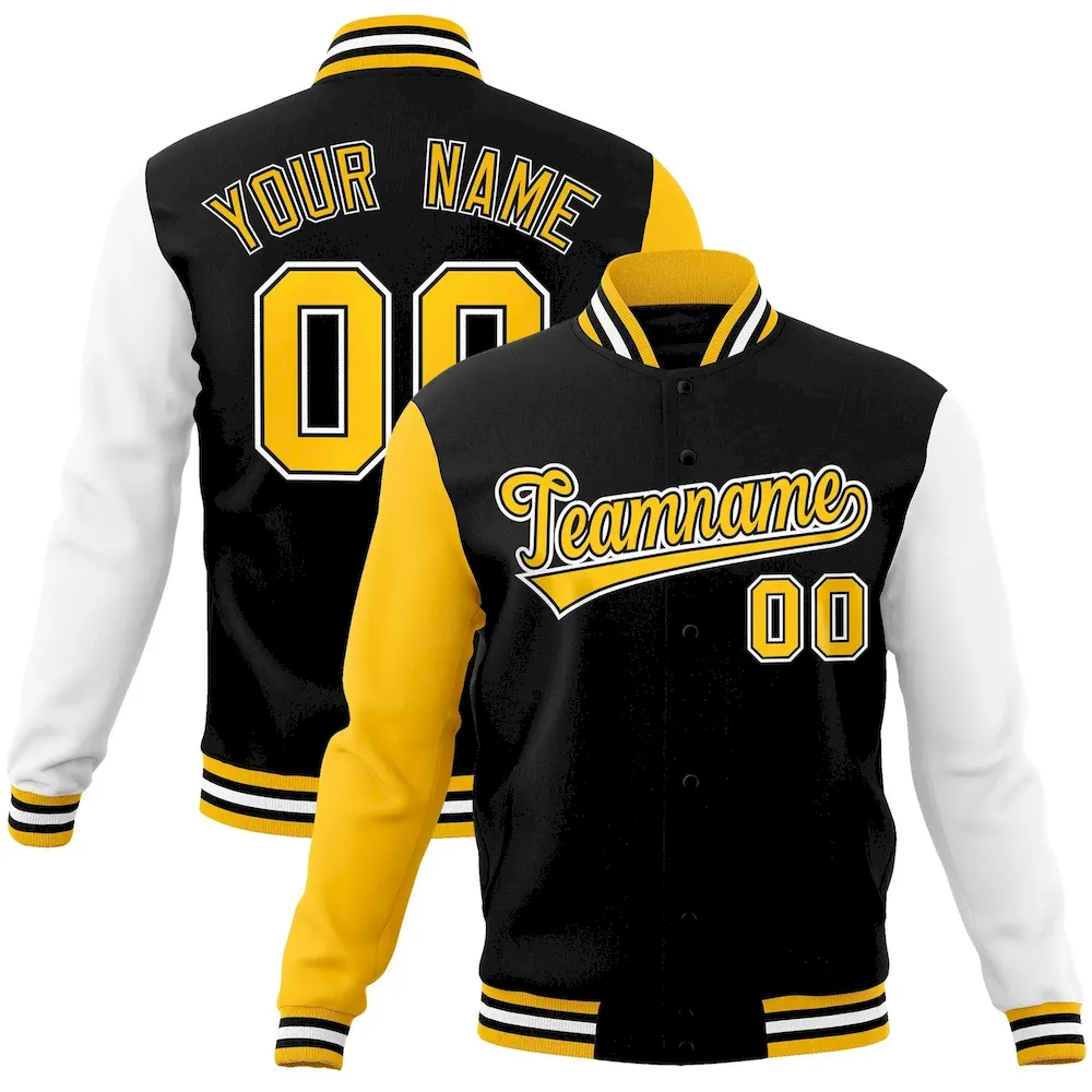 Custom Black Gold-Black Raglan Sleeves Varsity Full-Snap Letterman Jacket