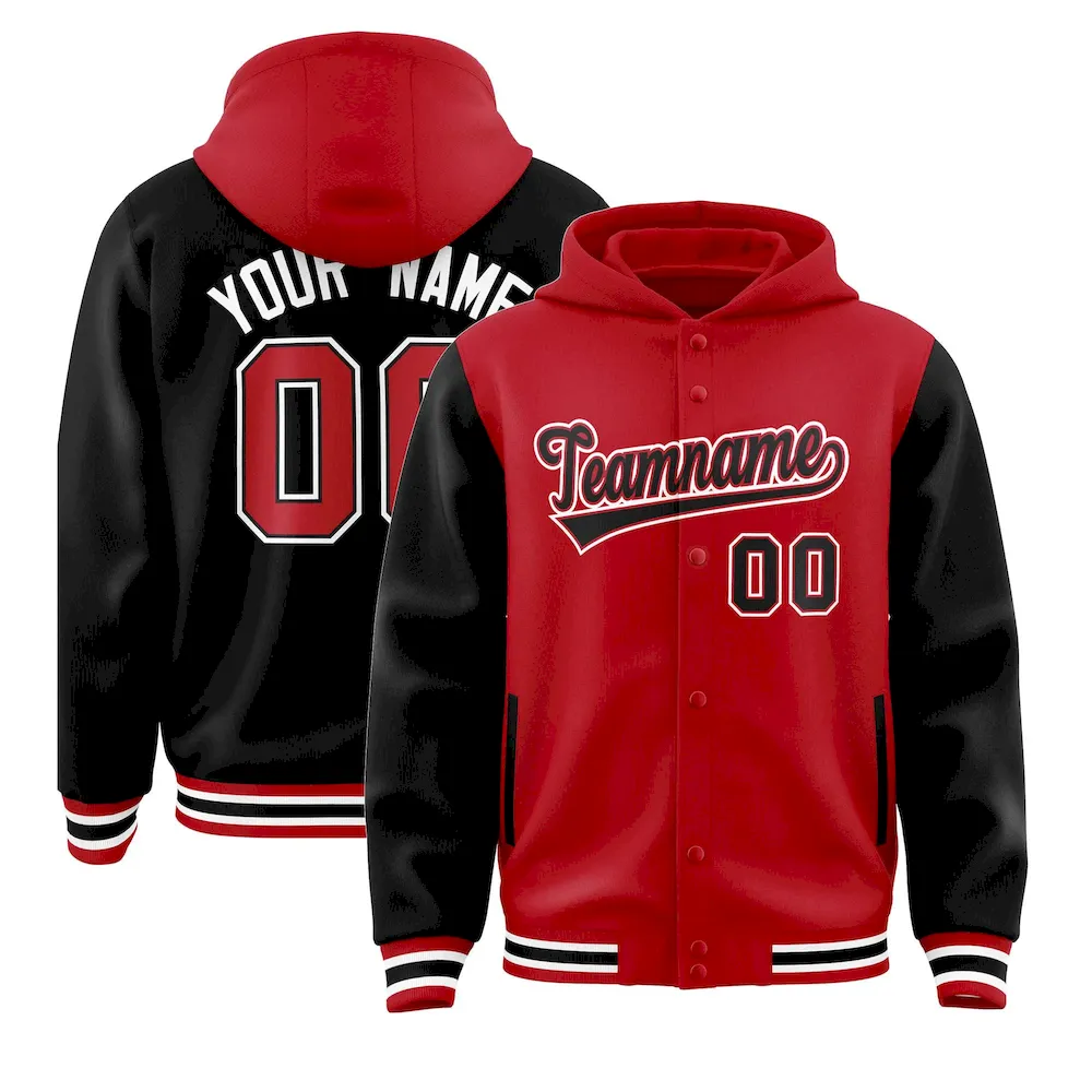 Custom Red Black Raglan Sleeves Varsity Full-Snap Letterman Two Tone Jacket Hoodie