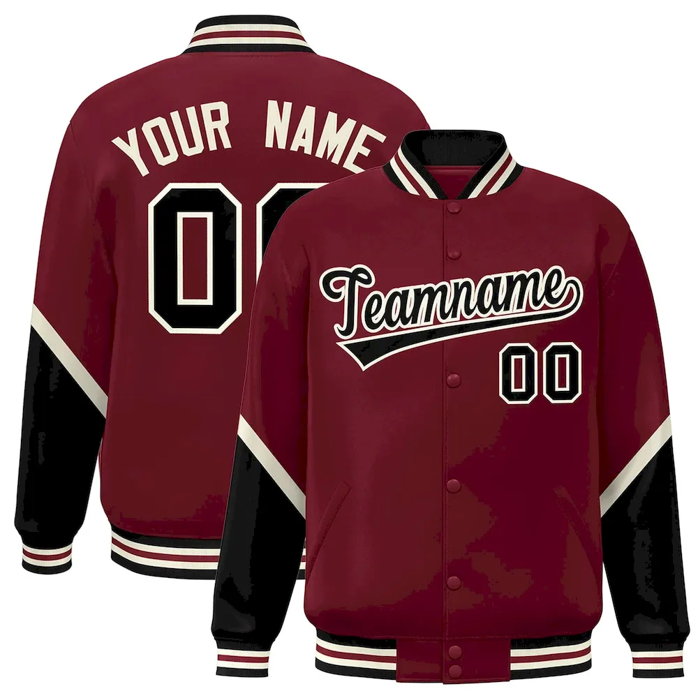 Custom Crimson Black Varsity Full-Snap Color Block Letterman Baseball Jacket