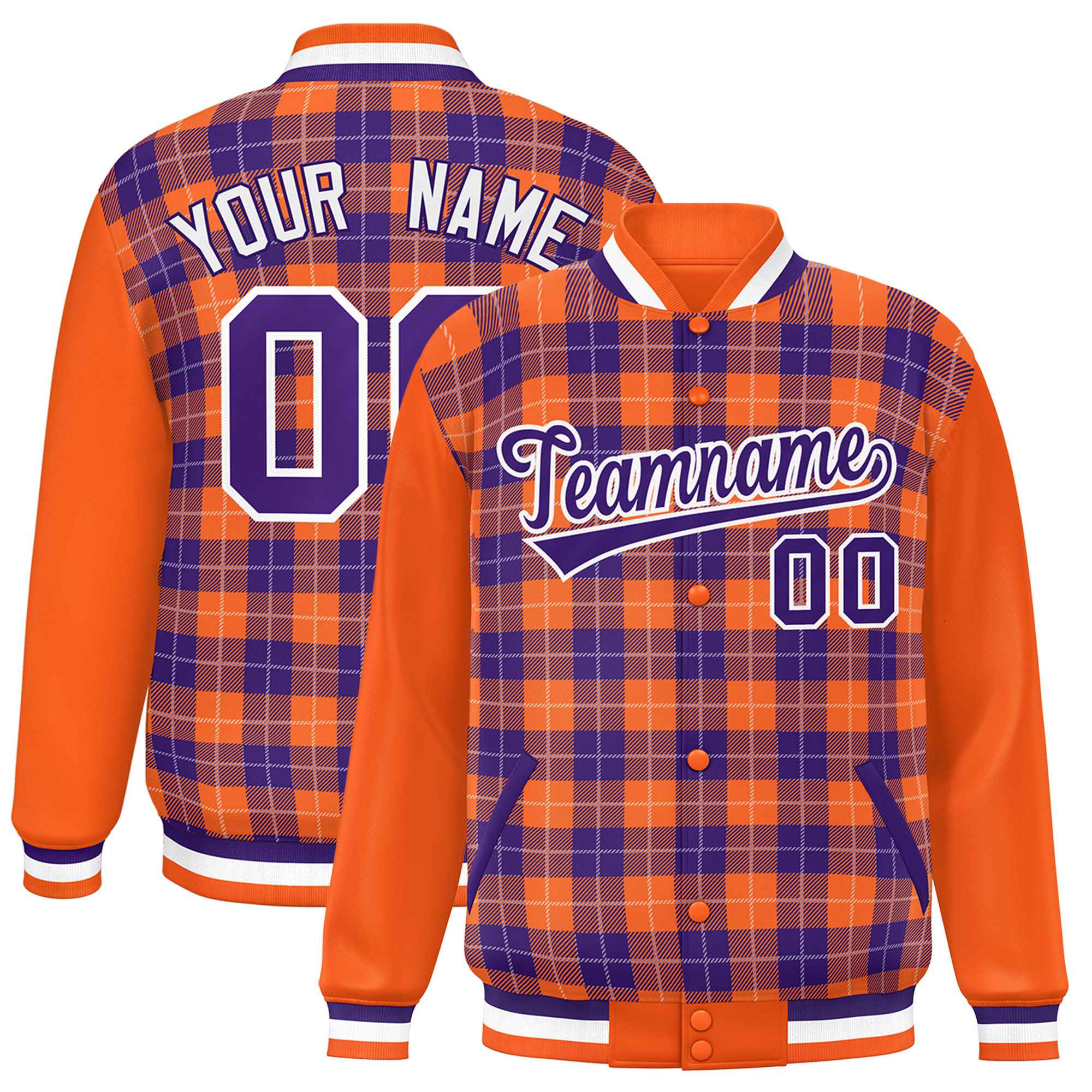 Custom Aqua Orange-White Varsity Full-Snap Plaid Pattern Letterman Baseball Jacket