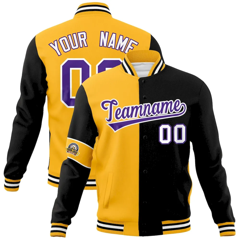 Custom Gold Black-Purple Letterman Two Tone Full-Snap Split Fashion Jacket