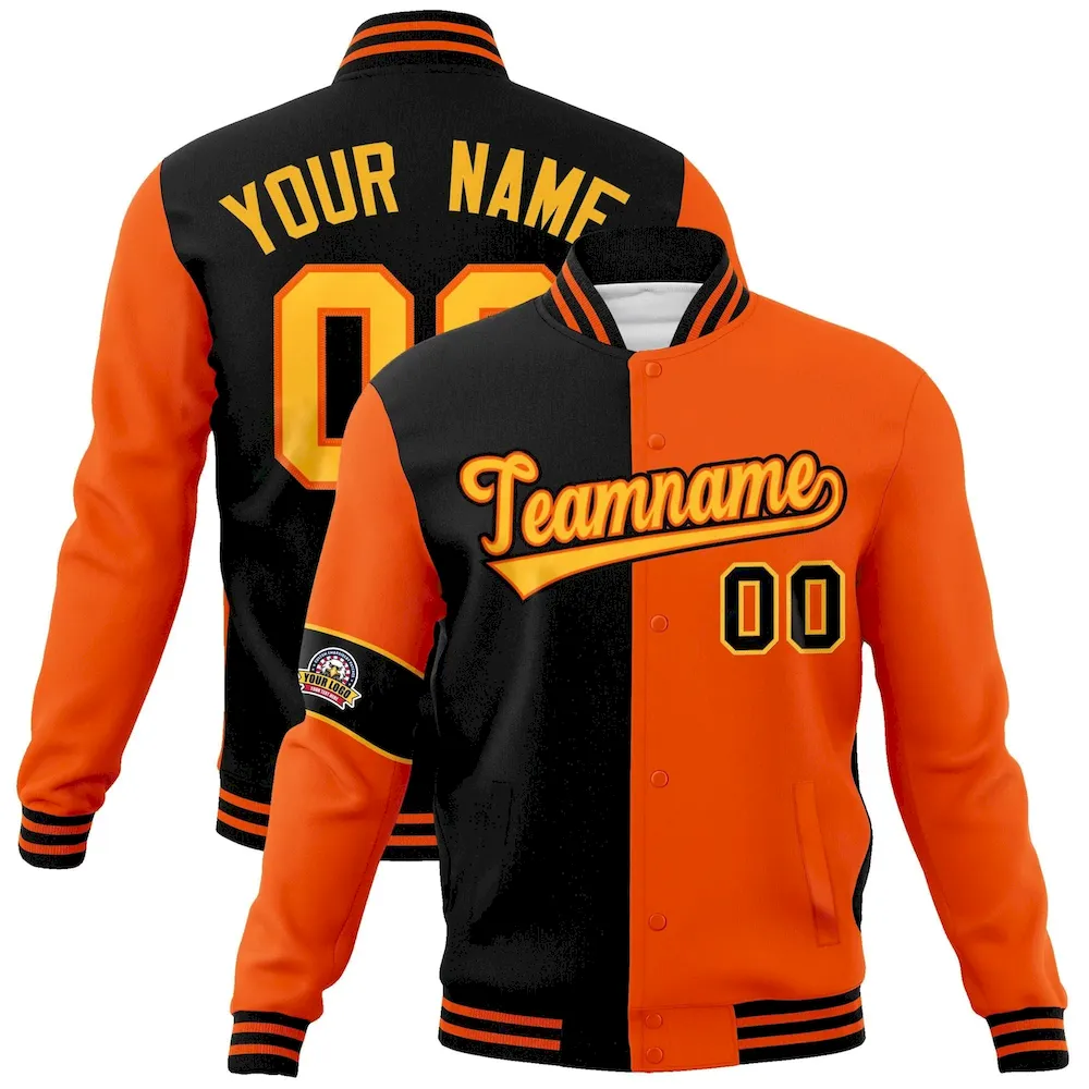 Custom Black Orange-Gold Letterman Two Tone Full-Snap Split Fashion Jacket