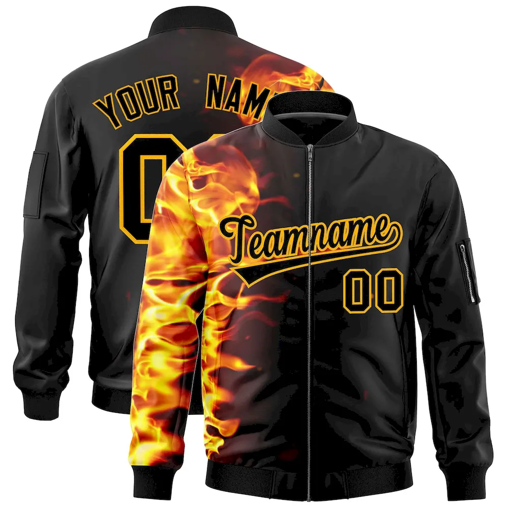 Custom Kelly Green 3D Flame Varsity Full-Zip Letterman Bomber Jacket