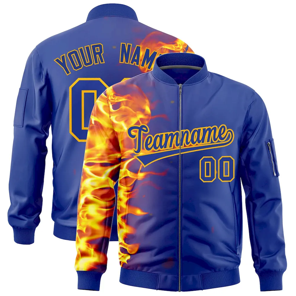 Custom Green 3D Flame Varsity Full-Zip Letterman Bomber Jacket