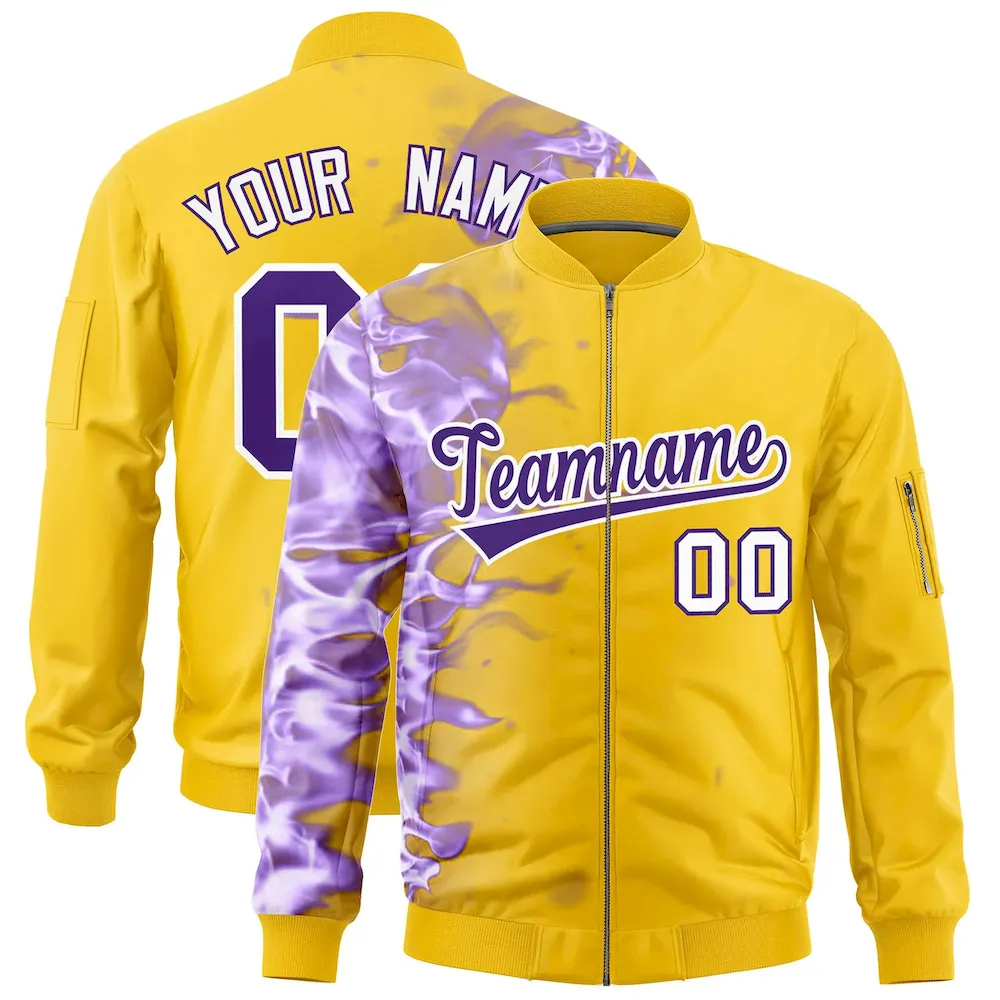 Custom Black 3D Flame Varsity Full-Zip Letterman Bomber Jacket