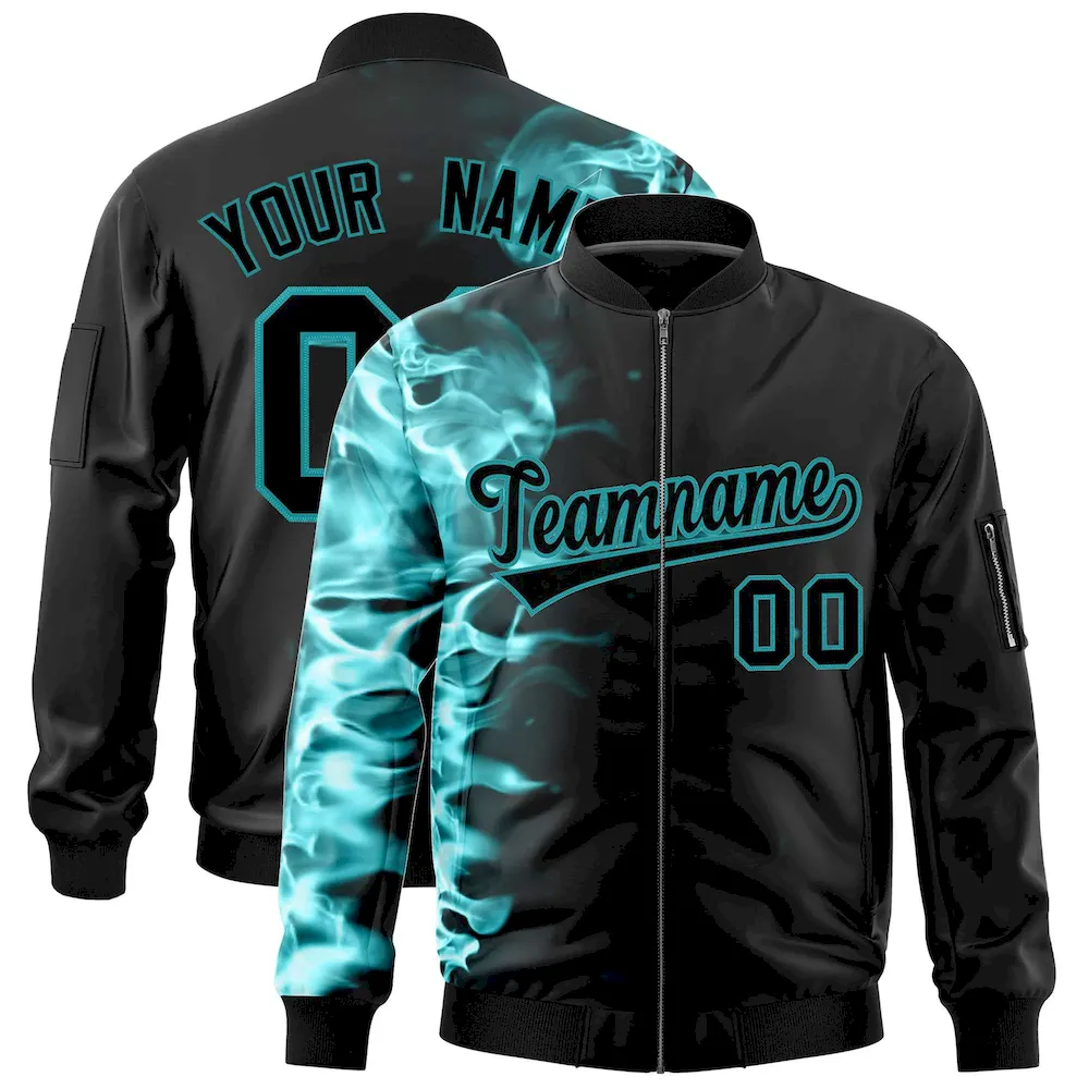Custom Black 3D Flame Varsity Full-Zip Letterman Bomber Jacket