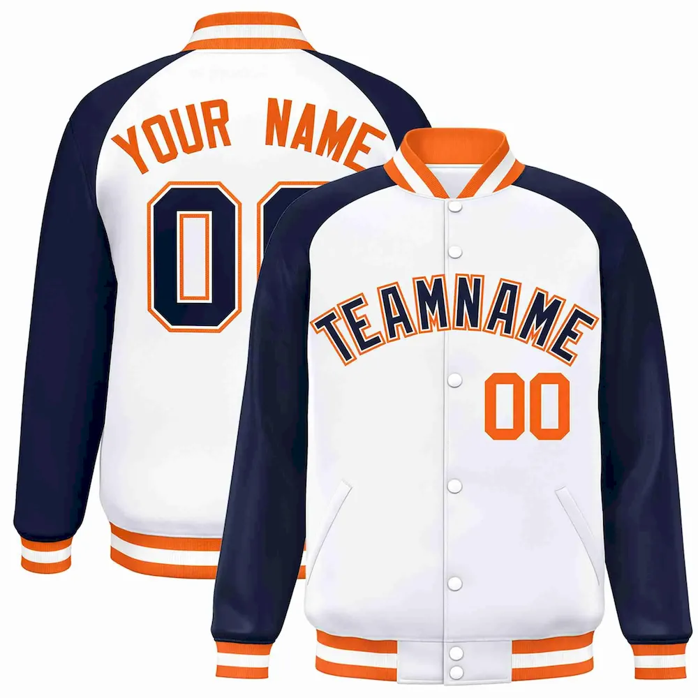 Custom White Orange-White Raglan Sleeves Varsity Full-Snap Letterman Jacket