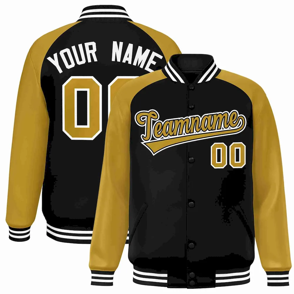 Custom Black Old Gold-Black Raglan Sleeves Varsity Full-Snap Letterman Jacket