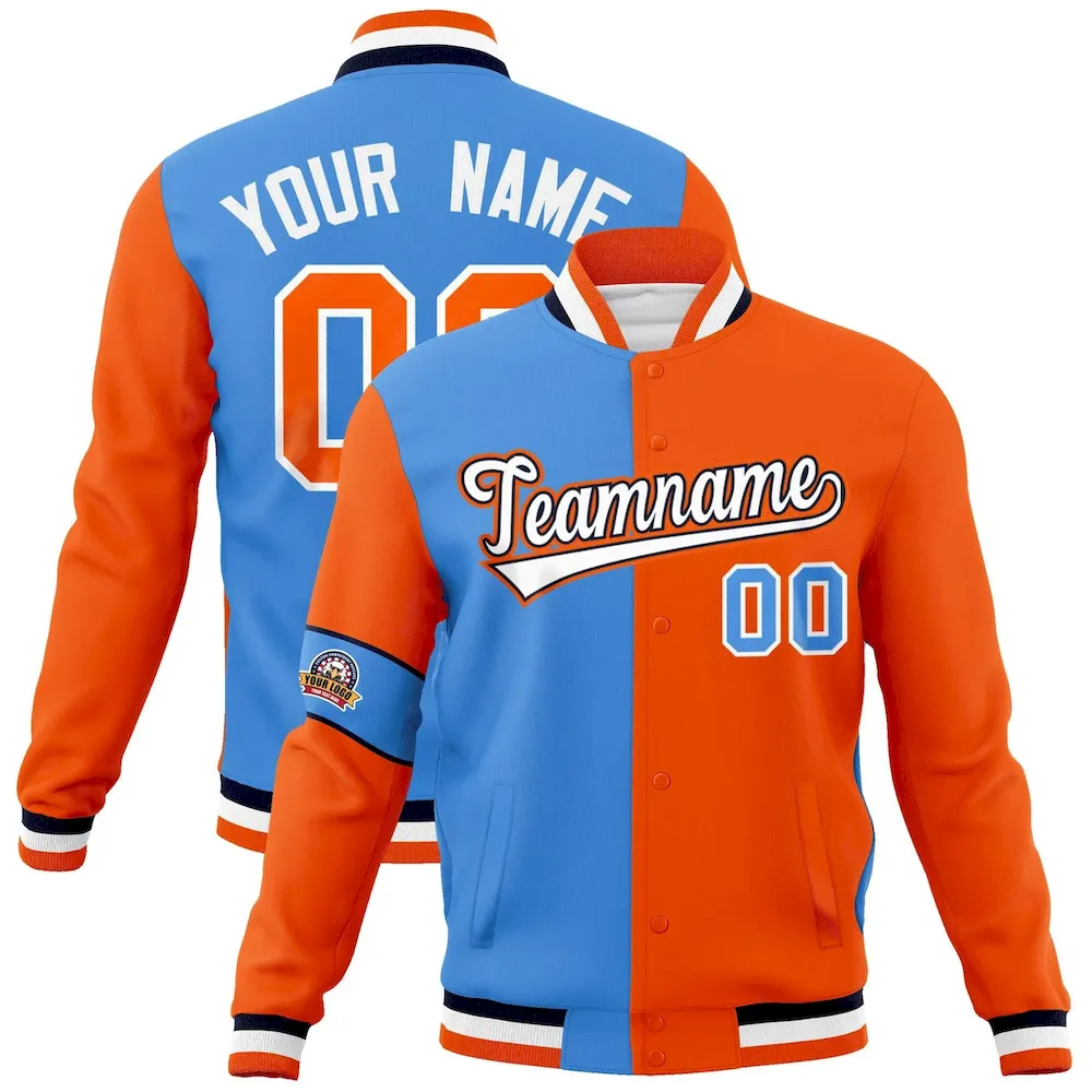 Custom Powder Blue Orange-White Letterman Two Tone Full-Snap Split Fashion Jacket