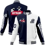 Custom Navy White Two Tone Split Fashion Varsity Letterman Jacket with Raglan Sleeves