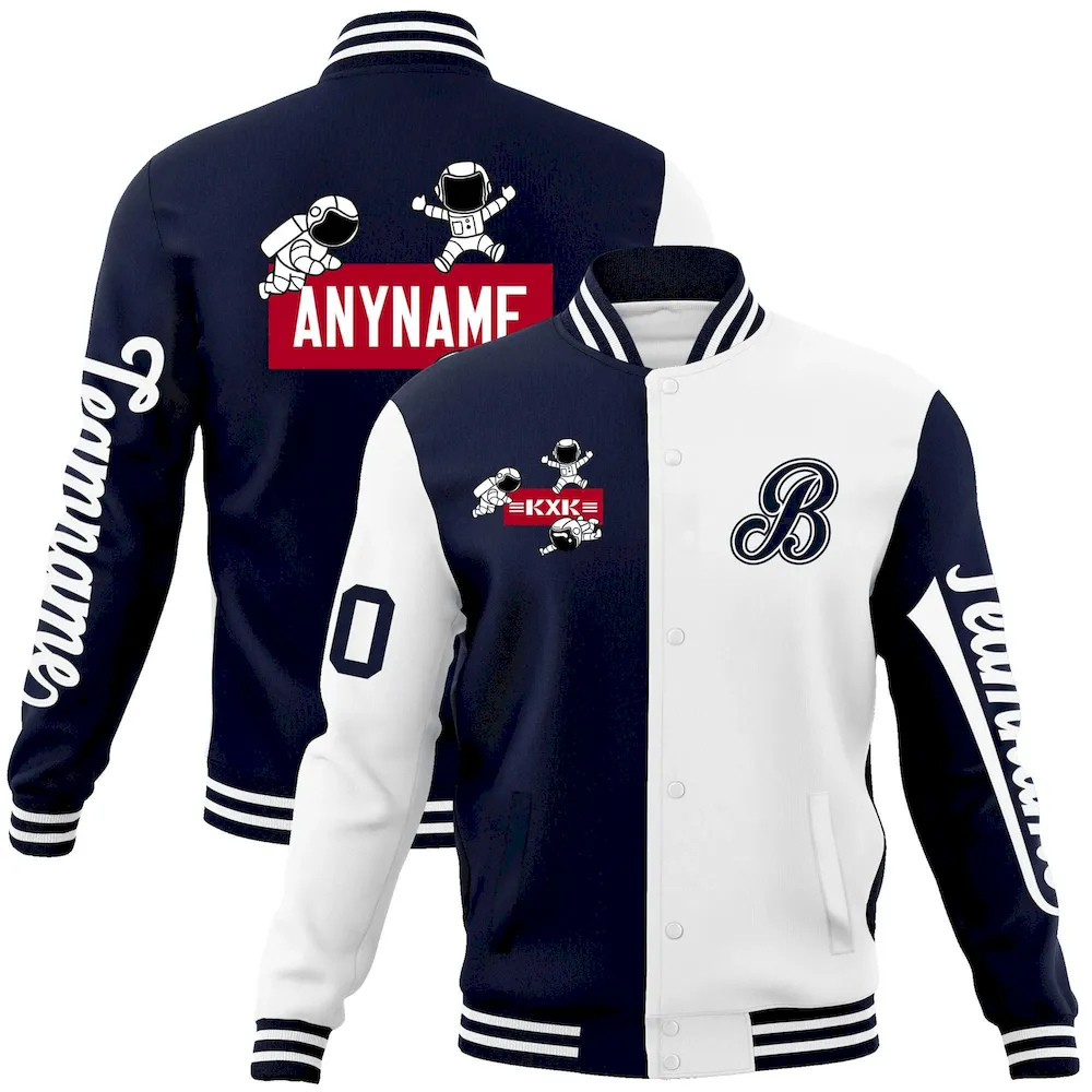 Custom Navy White Two Tone Split Fashion Varsity Letterman Jacket with Raglan Sleeves