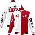 Custom Red Black Two Tone Split Fashion Varsity Letterman Jacket with Raglan Sleeves