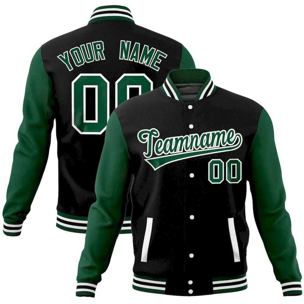 Custom Black Green Varsity Full-Snap Raglan Sleeves Letterman Baseball Jacket