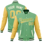 Custom Green Yellow Varsity Full-Snap Raglan Sleeves Letterman Baseball Jacket