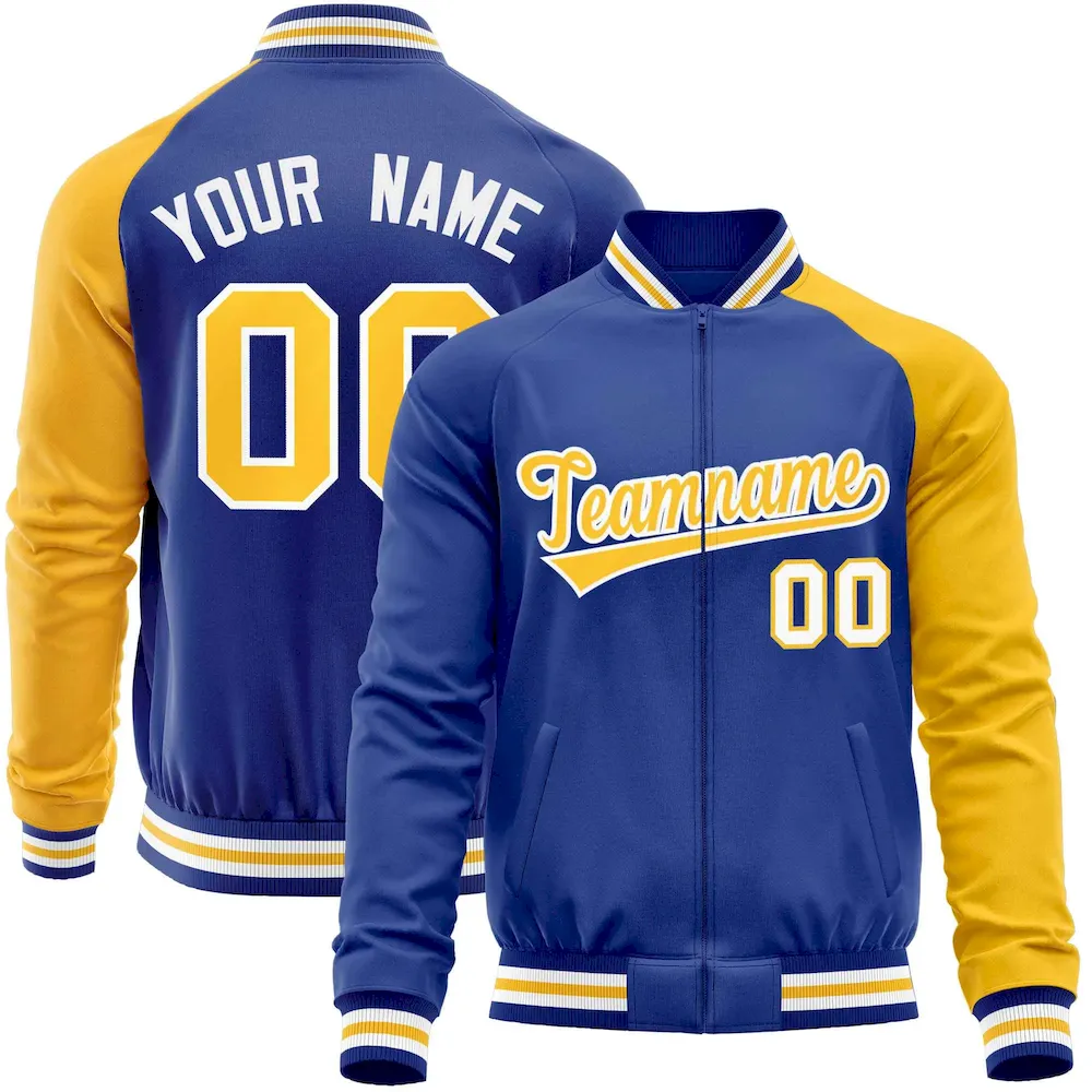 Custom Royal Yellow-Royal Varsity Full-Zip Raglan Sleeves Letterman Baseball Jacket
