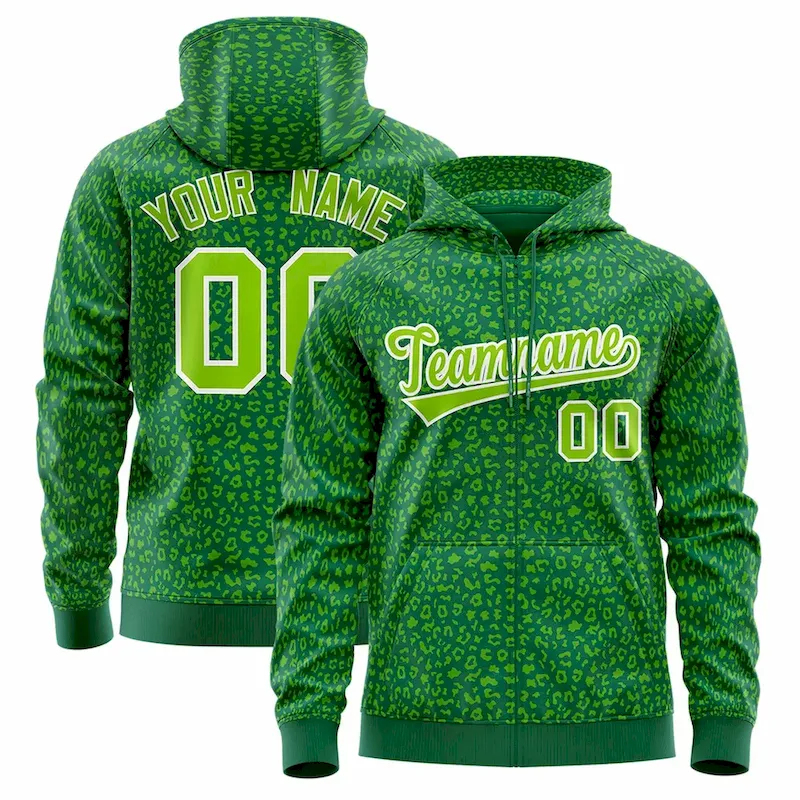 Custom Kelly Green Neon Green Varsity Full-Zip Letterman Leopard Print Jacket Hoodie