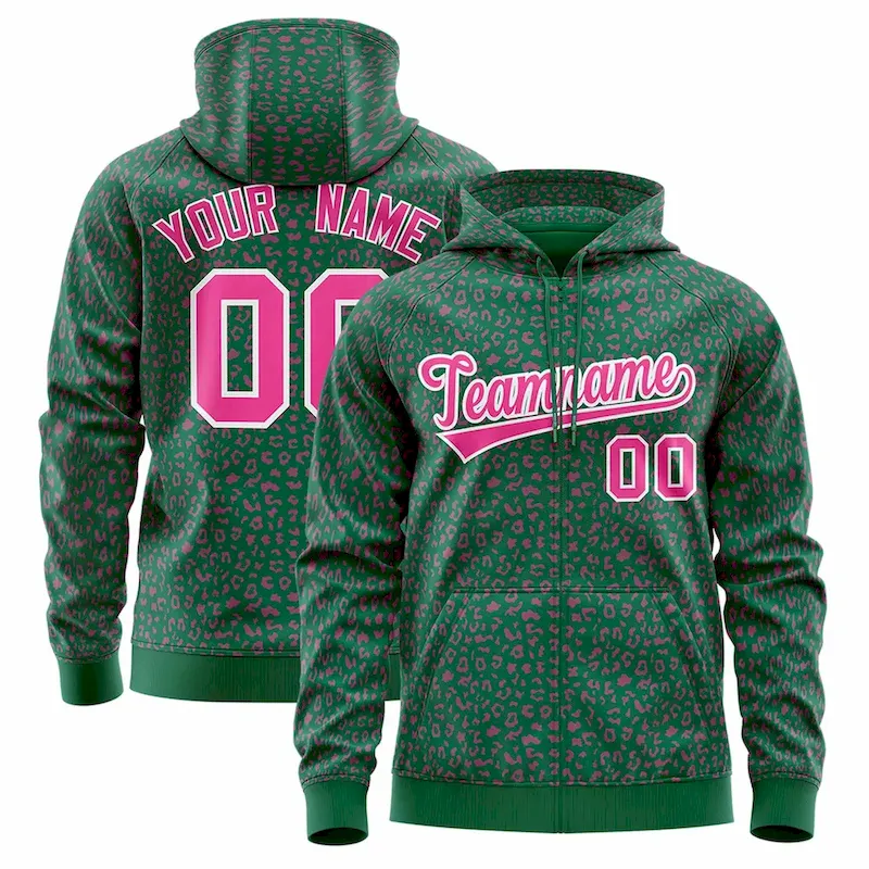 Custom Kelly Green Pink Varsity Full-Zip Letterman Leopard Print Jacket Hoodie
