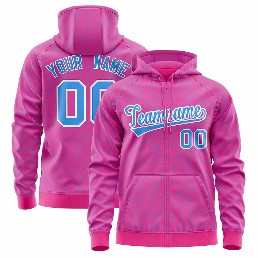 Custom Pink Powder Blue Varsity Full-Zip Letterman Leopard Print Jacket Hoodie