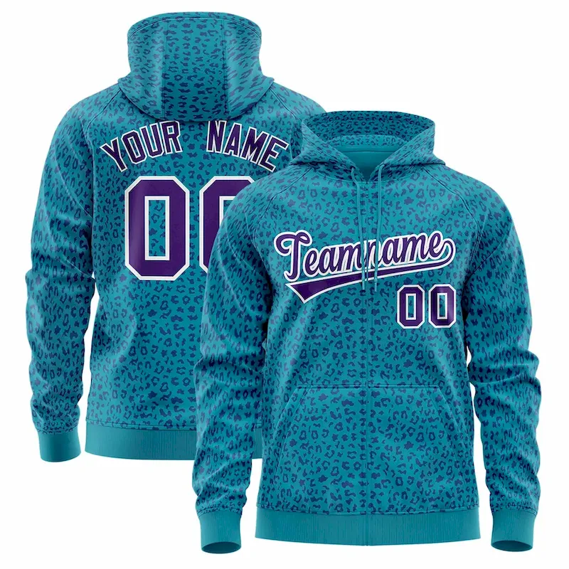 Custom Teal Purple Varsity Full-Zip Letterman Leopard Print Jacket Hoodie